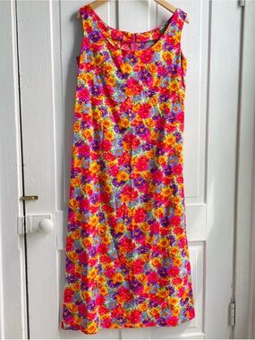 Vintage 60s/70s DayGlo Vibrant Watercolor Floral Hawaiian Barkcloth Maxi Dress
